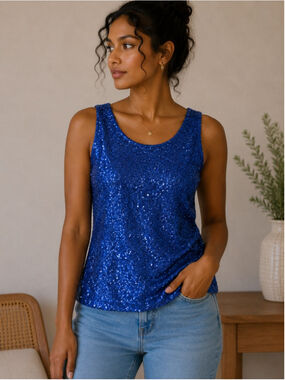 Women's Anne Klein Sequin Tank Top Blue Size L Summer